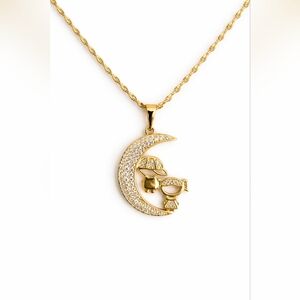 Gold Plated Moon Mom Necklace Boy Girl Pendant 22” Chain CZ Family Love Gift